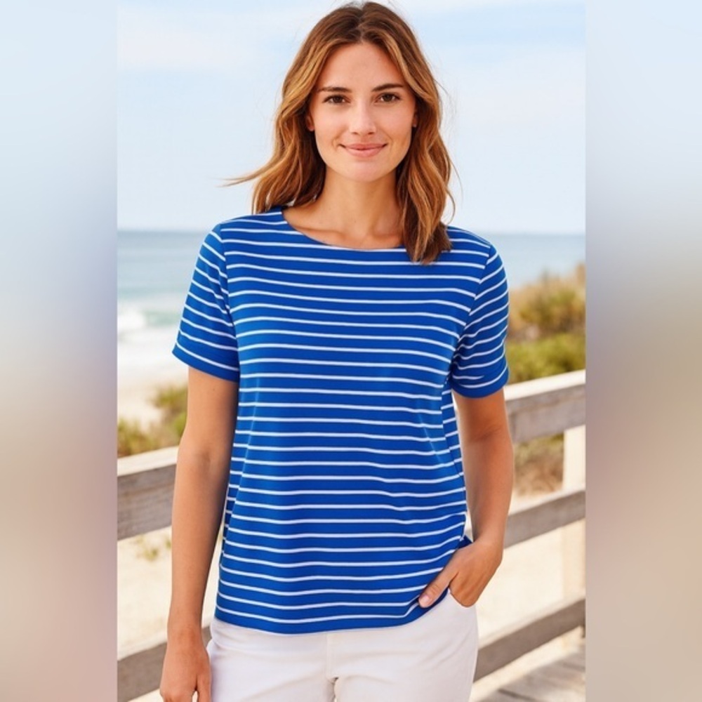 Susan Graver Blue White Striped Short Sleeve Cuff Sleeves EUC M #646